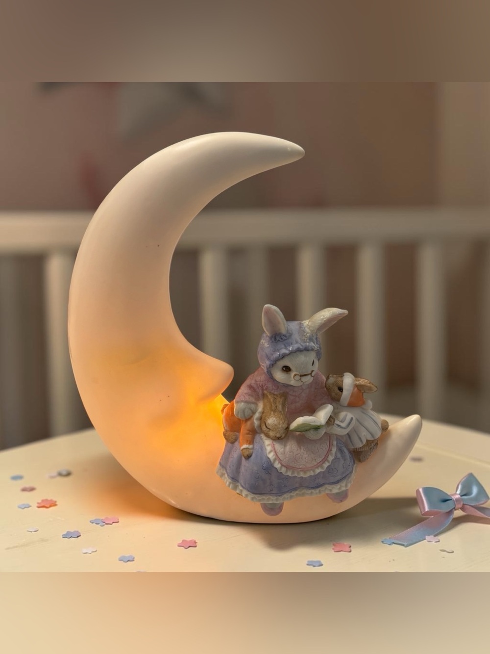 1986 Terragrafics Ceramic Momma Rabbit Babies Crescent Moon Night Light Electric